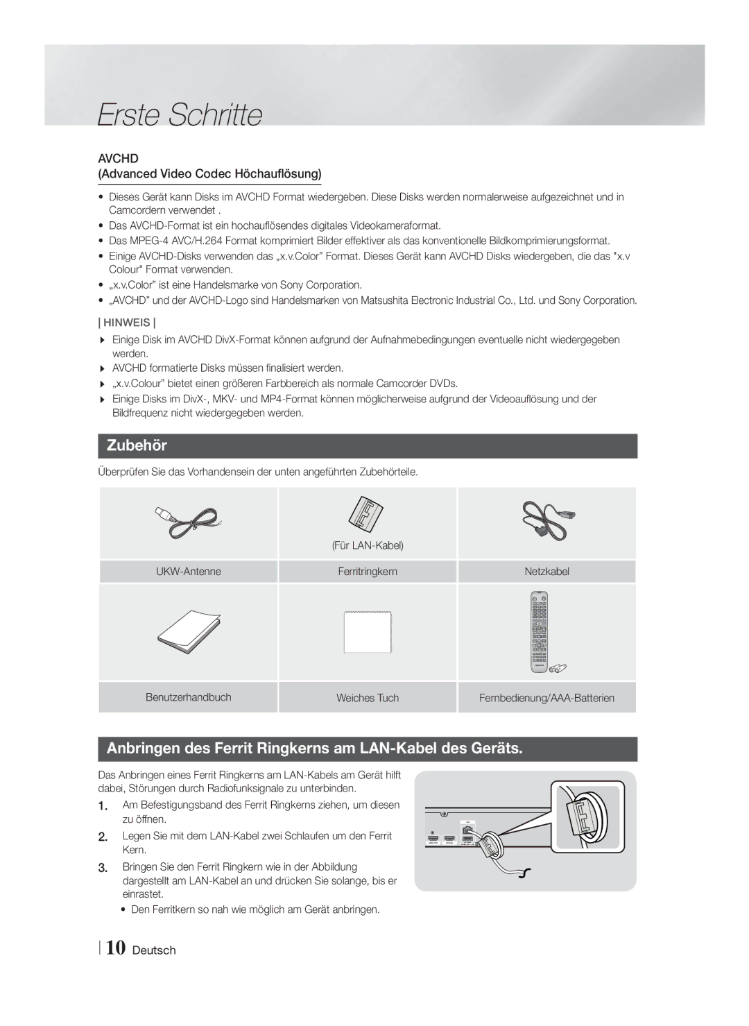 Samsung HT-FS5200/XN Zubehör, Anbringen des Ferrit Ringkerns am LAN-Kabel des Geräts, Advanced Video Codec Höchauflösung 