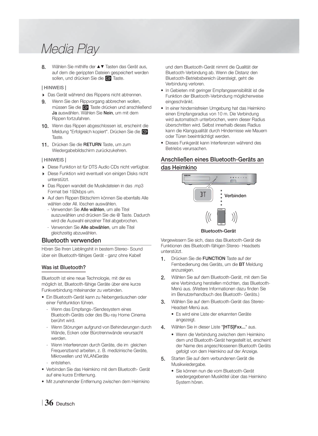 Samsung HT-F5200/EN, HT-FS5200/XN, HT-F5200/XN, HT-FS5200/EN, HT-F5200/ZF manual Bluetooth verwenden, Was ist Bluetooth? 