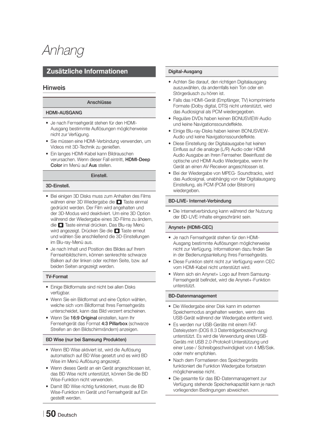 Samsung HT-F5200/ZF manual Anhang, Zusätzliche Informationen, Hinweis, Hdmi-Ausgang, BD Wise nur bei Samsung Produkten 