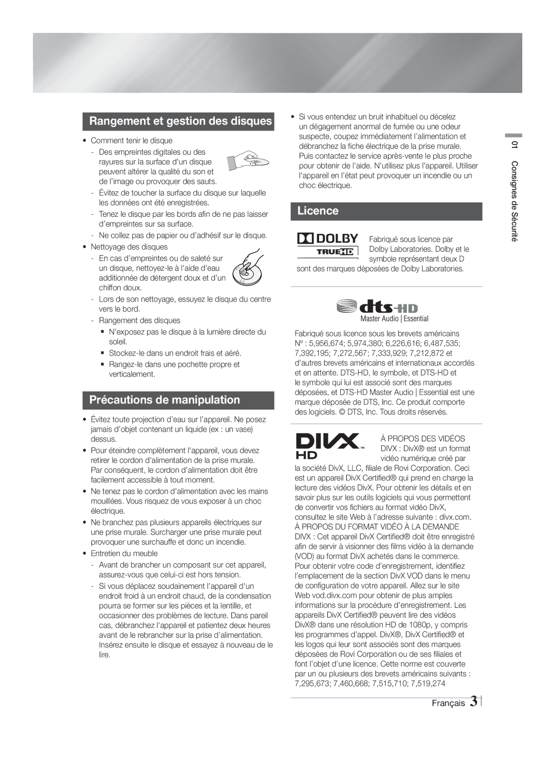 Samsung HT-FS5200/EN, HT-FS5200/XN, HT-F5200/XN manual Rangement et gestion des disques, Précautions de manipulation, Licence 