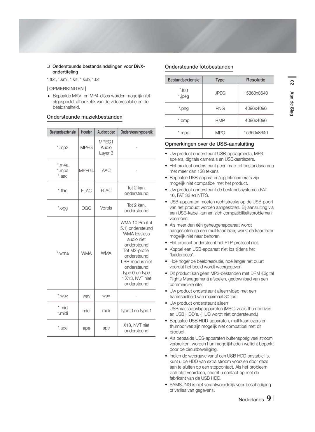 Samsung HT-F5200/XN manual Ondersteunde muziekbestanden, Ondersteunde fotobestanden, Opmerkingen over de USB-aansluiting 