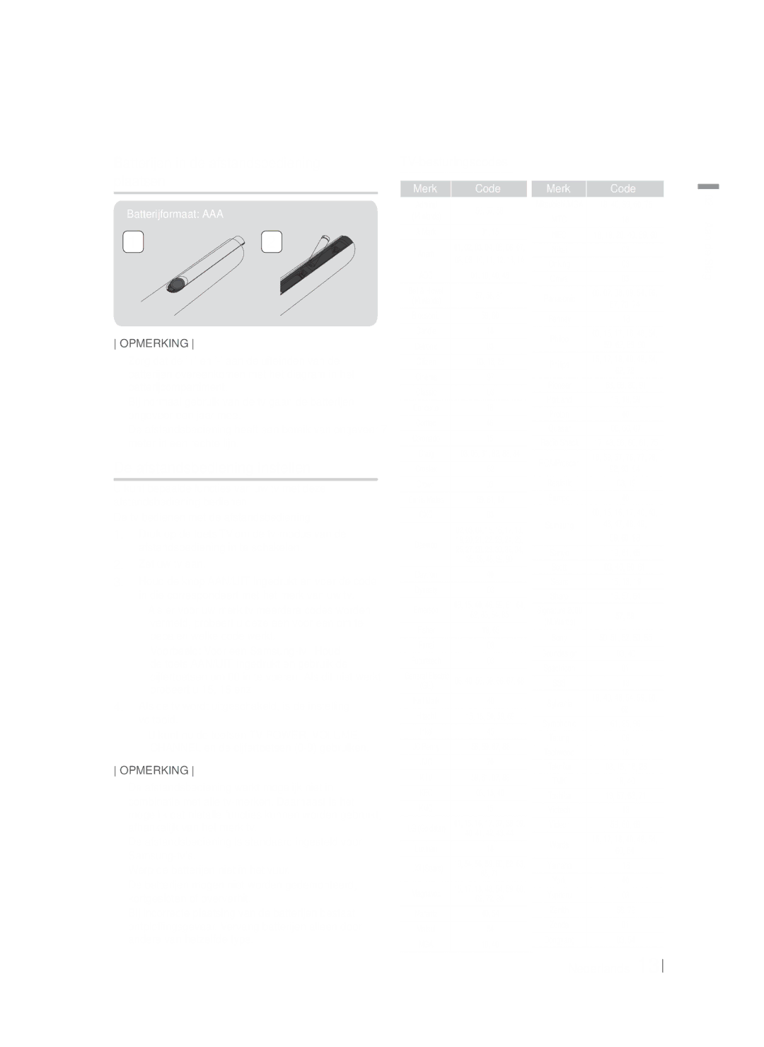 Samsung HT-FS5200/ZF manual Batterijen in de afstandsbediening plaatsen, De afstandsbediening instellen, TV-besturingscodes 