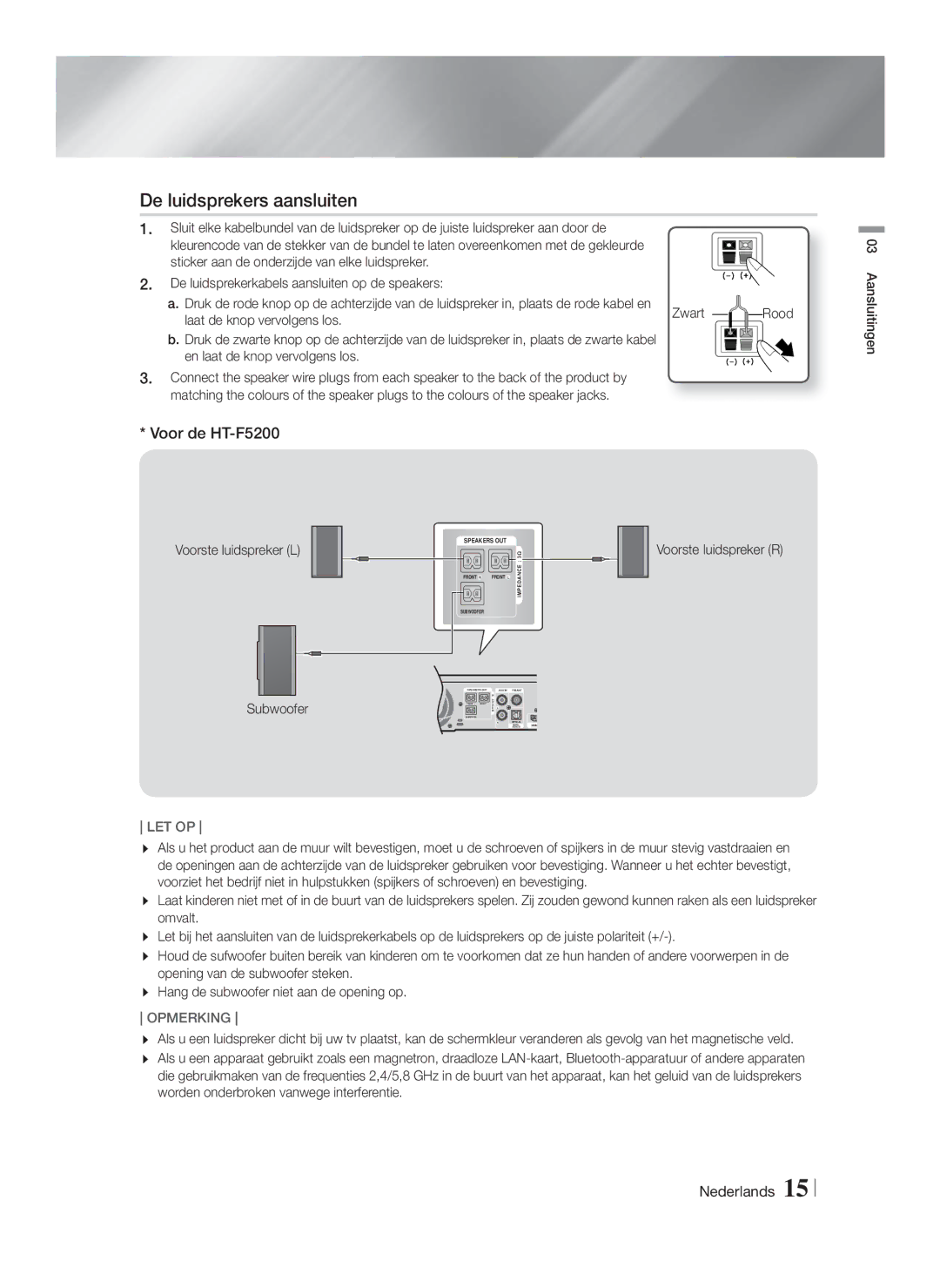 Samsung HT-F5200/XN, HT-FS5200/XN, HT-F5200/EN, HT-FS5200/EN, HT-F5200/ZF manual De luidsprekers aansluiten, Voor de HT-F5200 