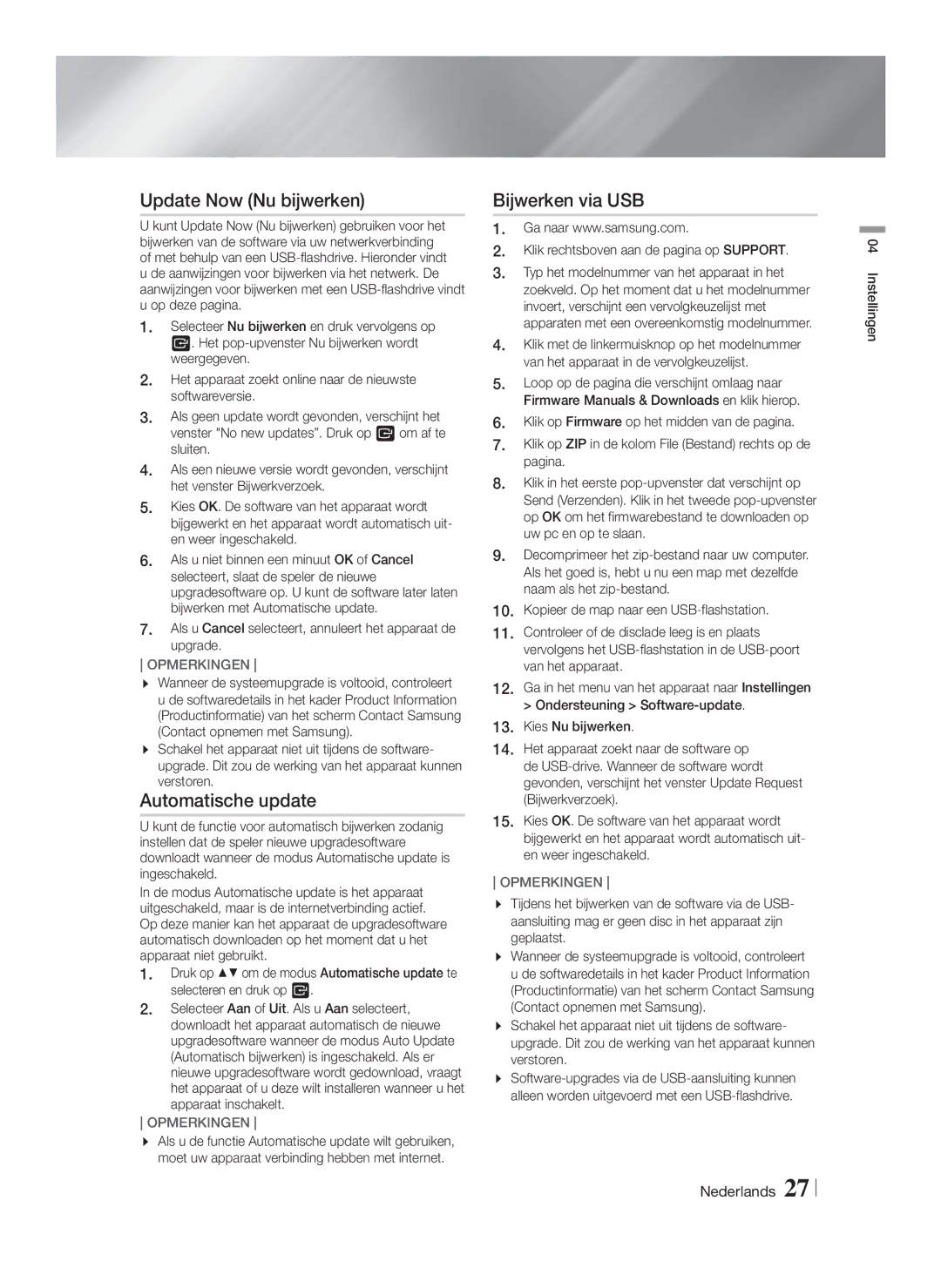 Samsung HT-F5200/XN, HT-FS5200/XN, HT-F5200/EN, HT-FS5200/EN Update Now Nu bijwerken, Automatische update, Bijwerken via USB 