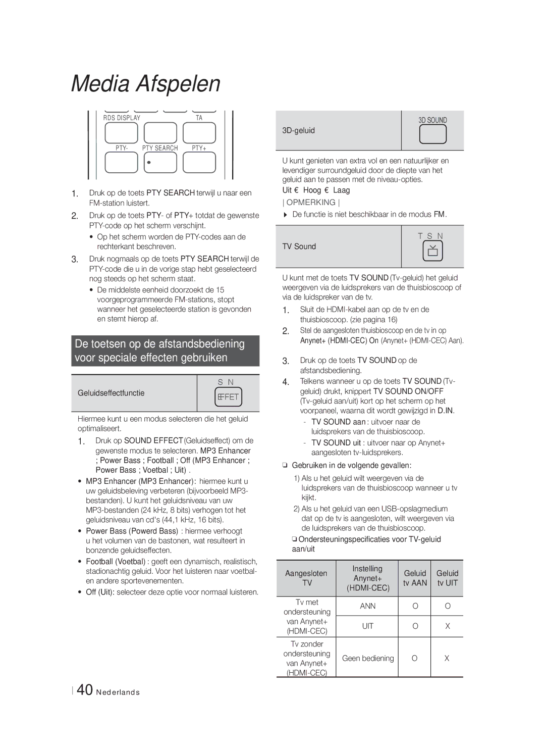 Samsung HT-F5200/EN Geluidseffectfunctie, 3D-geluid, Uit  Hoog  Laag, De functie is niet beschikbaar in de modus FM 