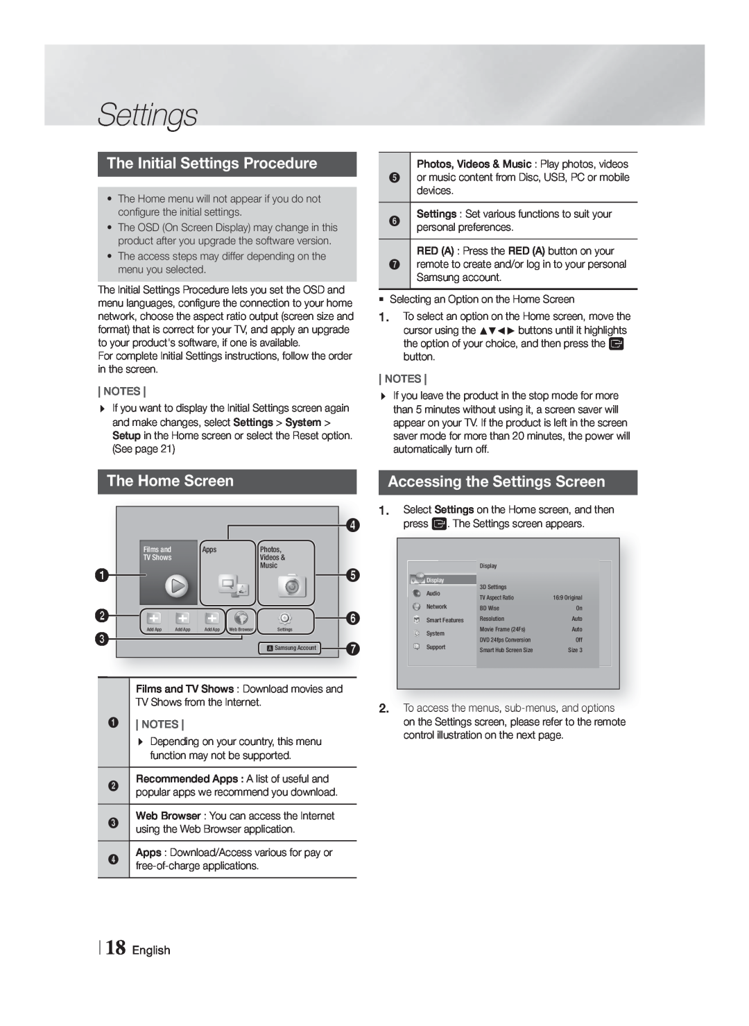 Samsung HT-F5200/EN manual The Initial Settings Procedure, The Home Screen, English, Accessing the Settings Screen 