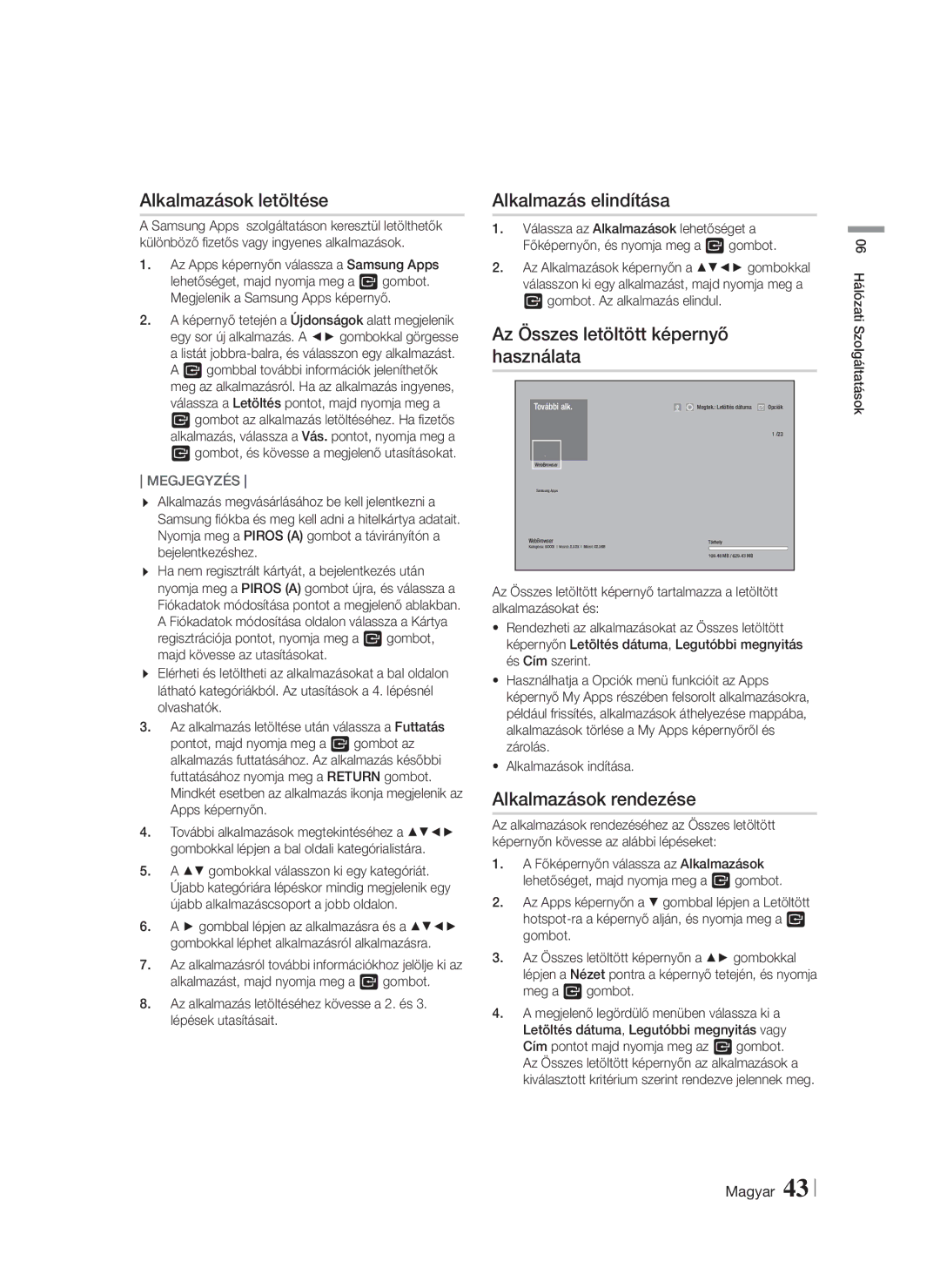 Samsung HT-FS6200/EN manual Alkalmazások letöltése, Alkalmazás elindítása, Az Összes letöltött képernyő használata 