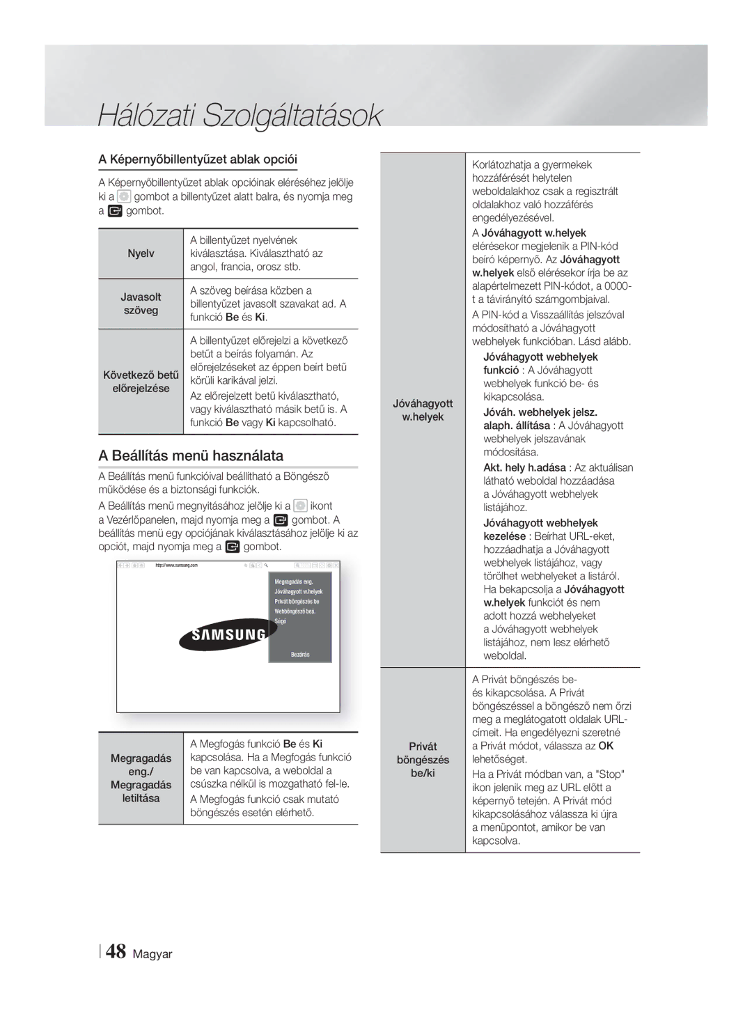 Samsung HT-FS6200/EN manual Beállítás menü használata, Képernyőbillentyűzet ablak opciói 