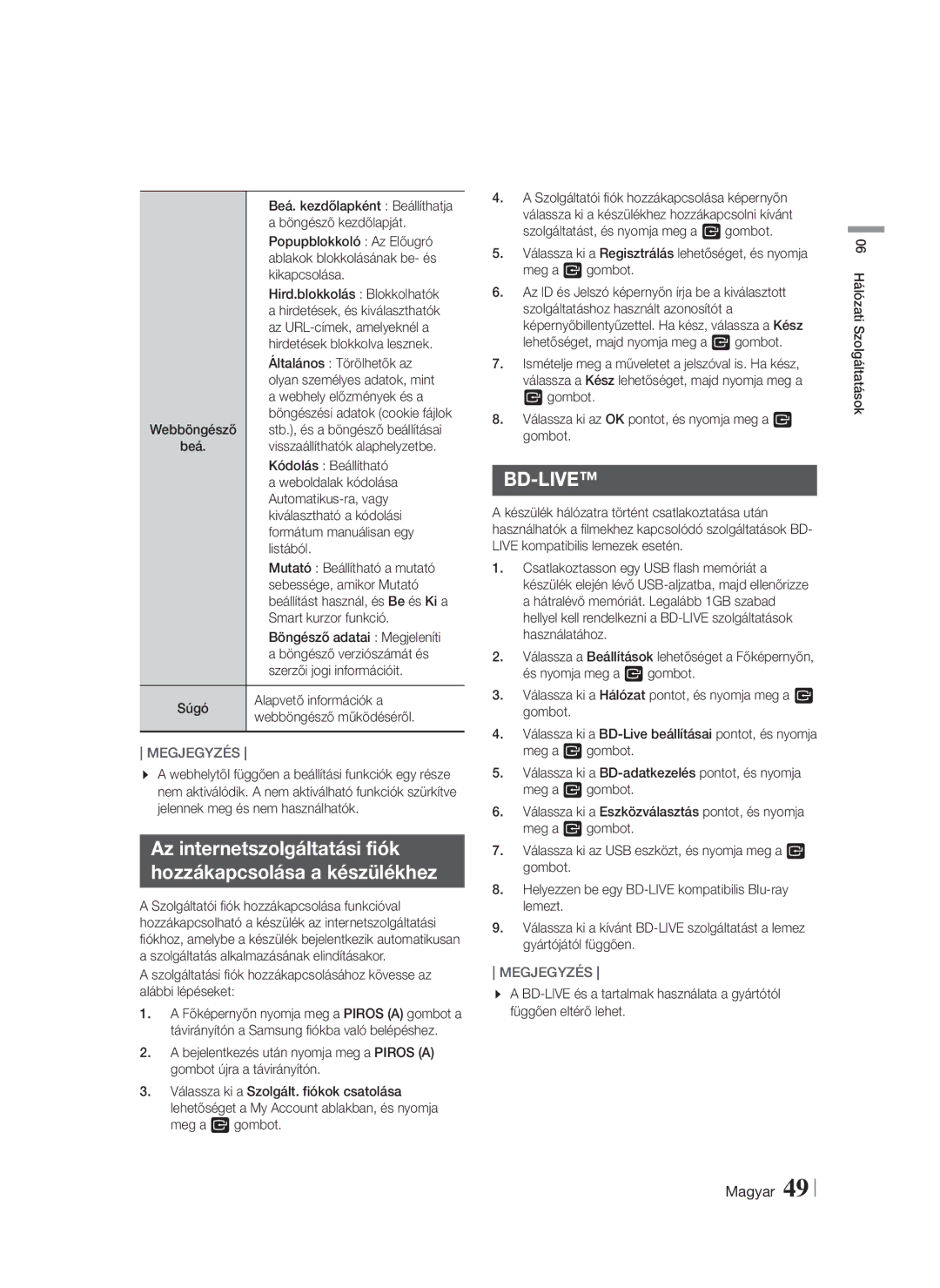 Samsung HT-FS6200/EN manual Az internetszolgáltatási fiók Hozzákapcsolása a készülékhez 