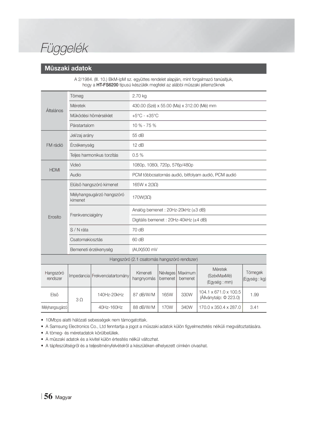 Samsung HT-FS6200/EN manual Mûszaki adatok, Videó 1080p, 1080i, 720p, 576p/480p Audio, Kimeneti, 87 dB/W/M, 88 dB/W/M 