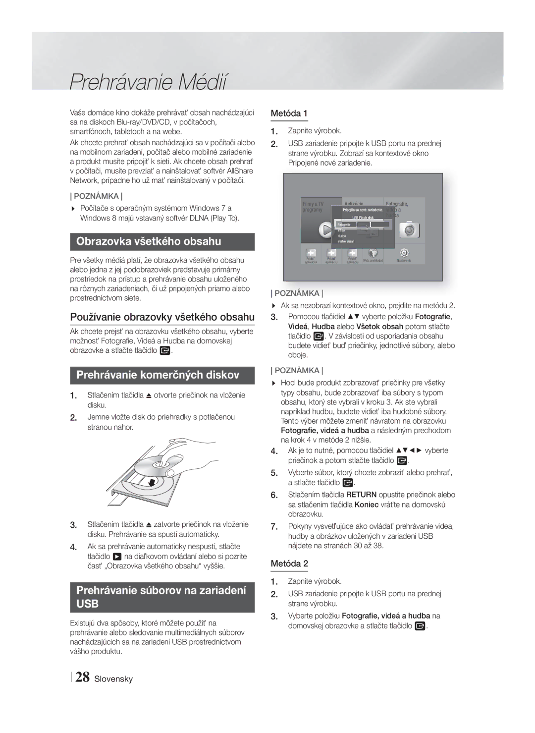 Samsung HT-FS6200/EN manual Prehrávanie Médií, Obrazovka všetkého obsahu, Používanie obrazovky všetkého obsahu 