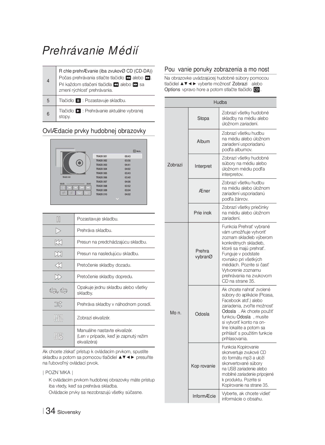 Samsung HT-FS6200/EN manual Ovládacie prvky hudobnej obrazovky, Používanie ponuky zobrazenia a možností 