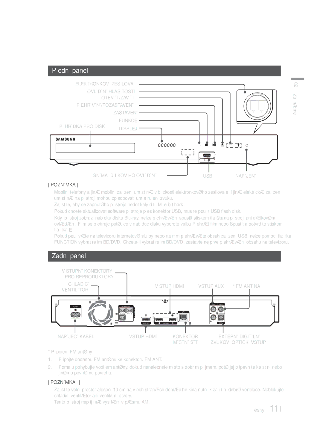 Samsung HT-FS6200/EN manual Přední panel, Zadní panel 