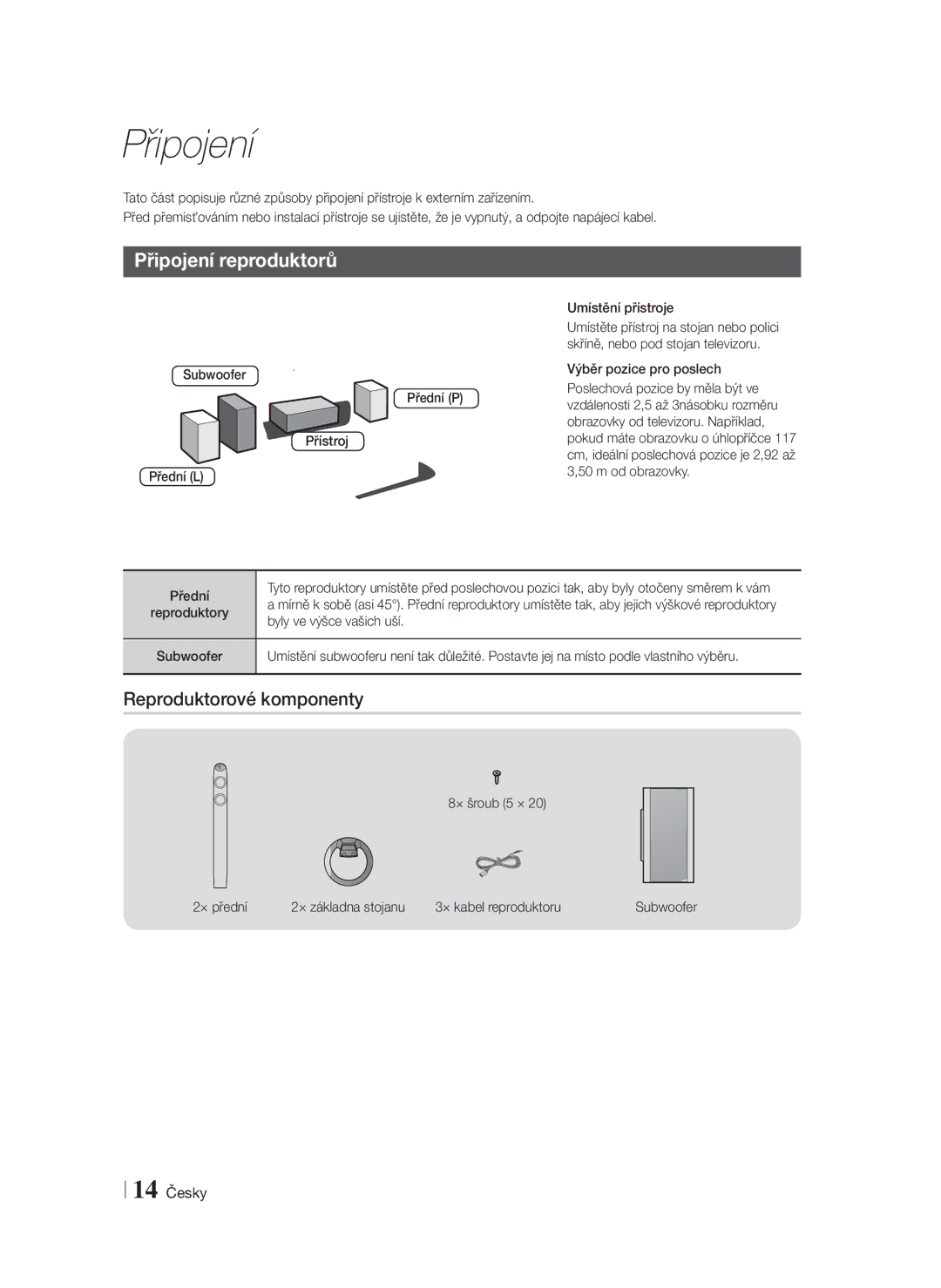 Samsung HT-FS6200/EN manual Připojení reproduktorů, Reproduktorové komponenty, Umístění přístroje 