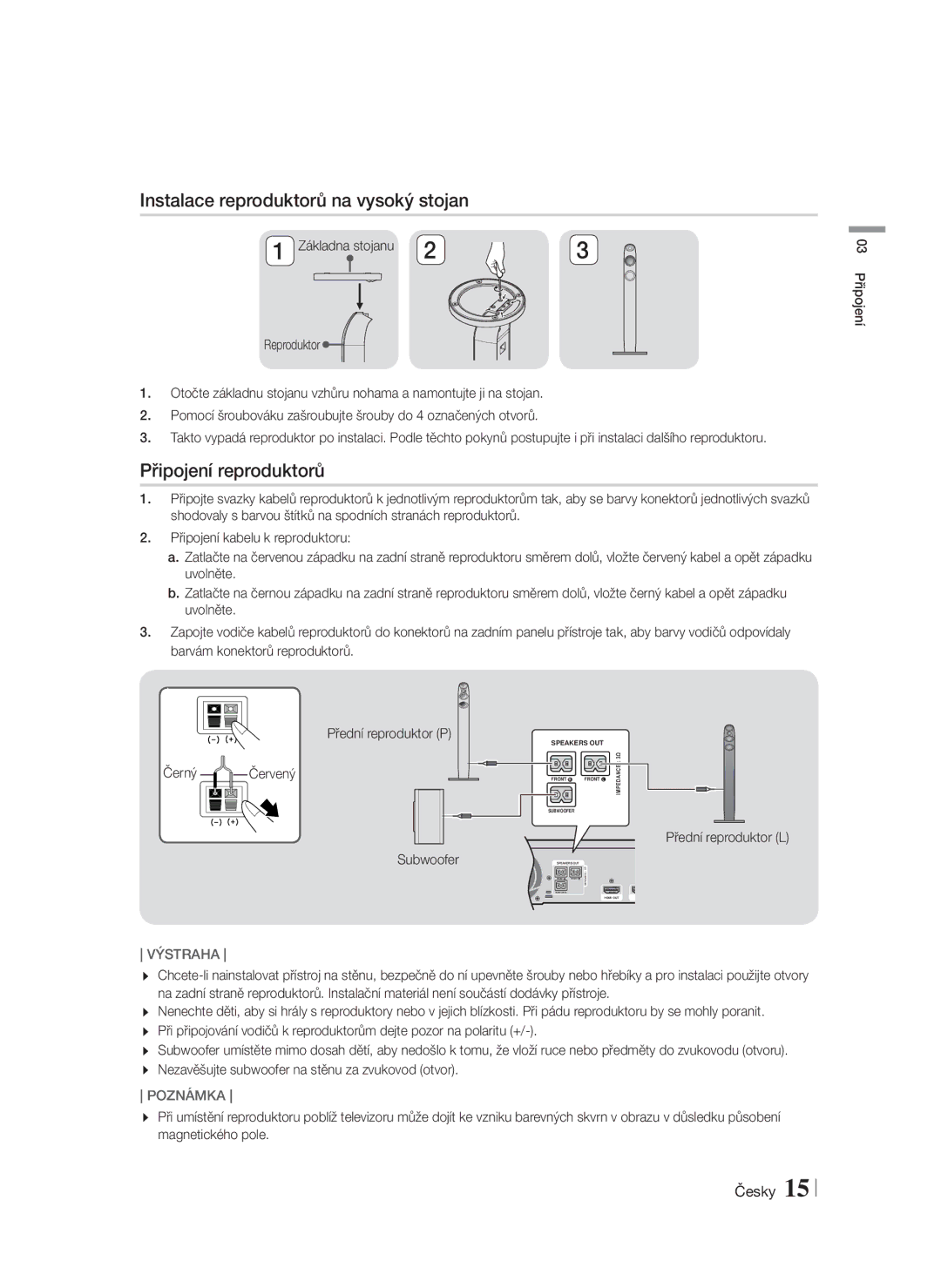 Samsung HT-FS6200/EN manual Instalace reproduktorů na vysoký stojan, Připojení reproduktorů, Přední reproduktor L 