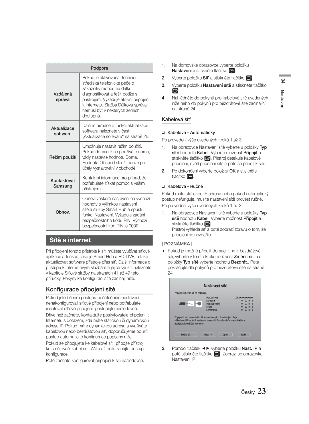 Samsung HT-FS6200/EN manual Sítě a internet, Konfigurace připojení sítě, Kabelová síť 