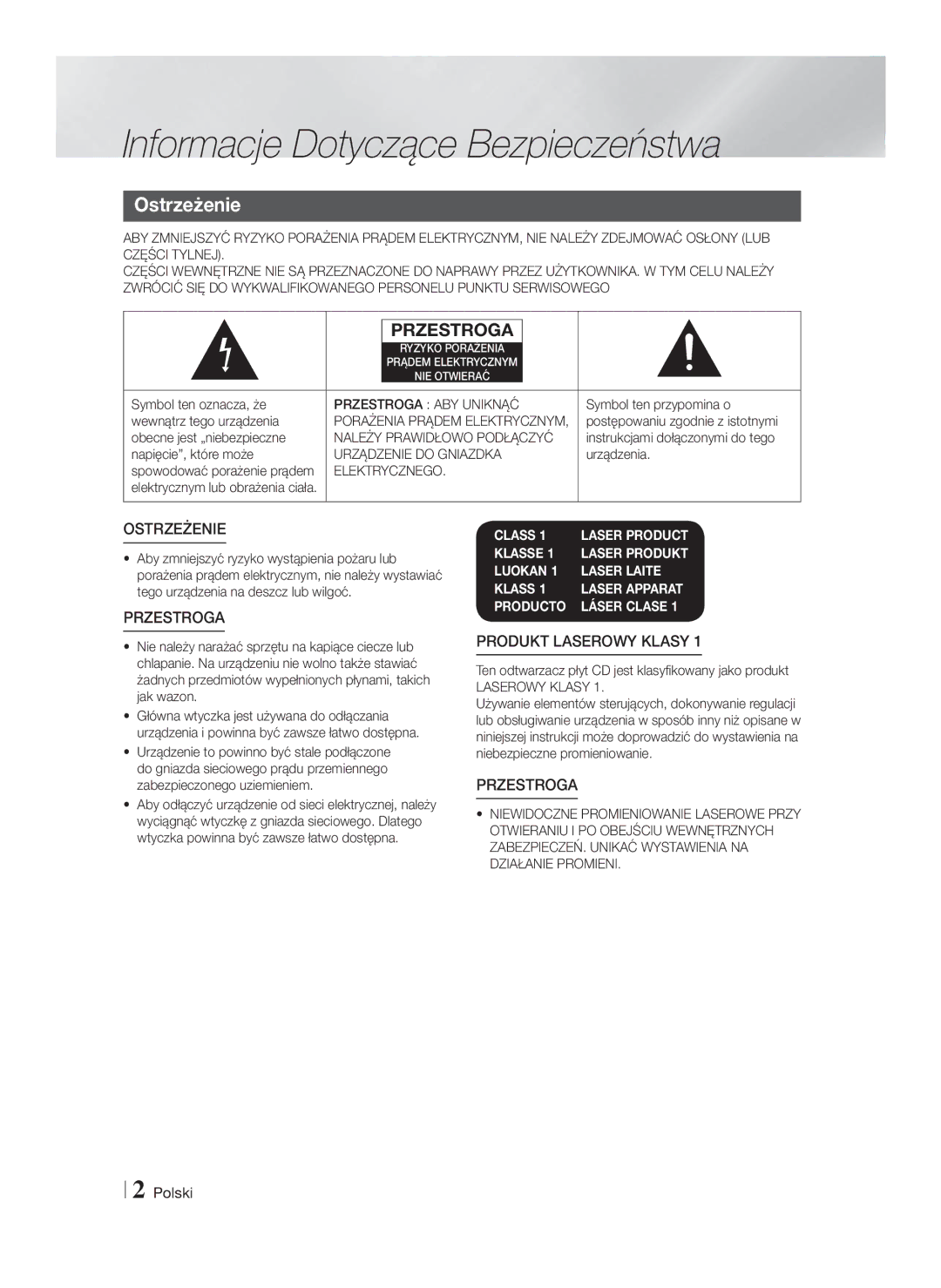 Samsung HT-FS6200/EN manual Informacje Dotyczące Bezpieczeństwa, Ostrzeżenie 