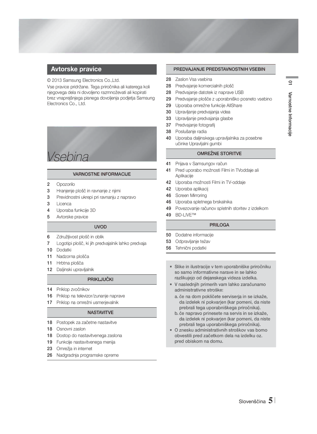 Samsung HT-FS6200/EN manual Vsebina, Avtorske pravice 