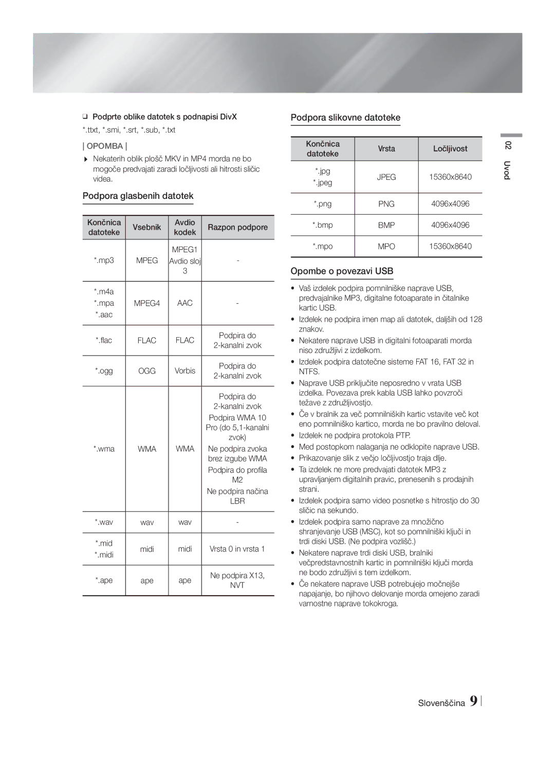 Samsung HT-FS6200/EN manual Podpora glasbenih datotek, Podpora slikovne datoteke, Opombe o povezavi USB 