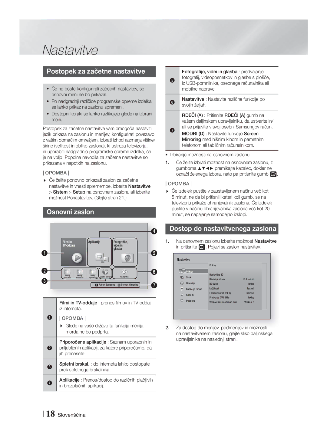 Samsung HT-FS6200/EN manual Nastavitve, Postopek za začetne nastavitve, Osnovni zaslon, Dostop do nastavitvenega zaslona 