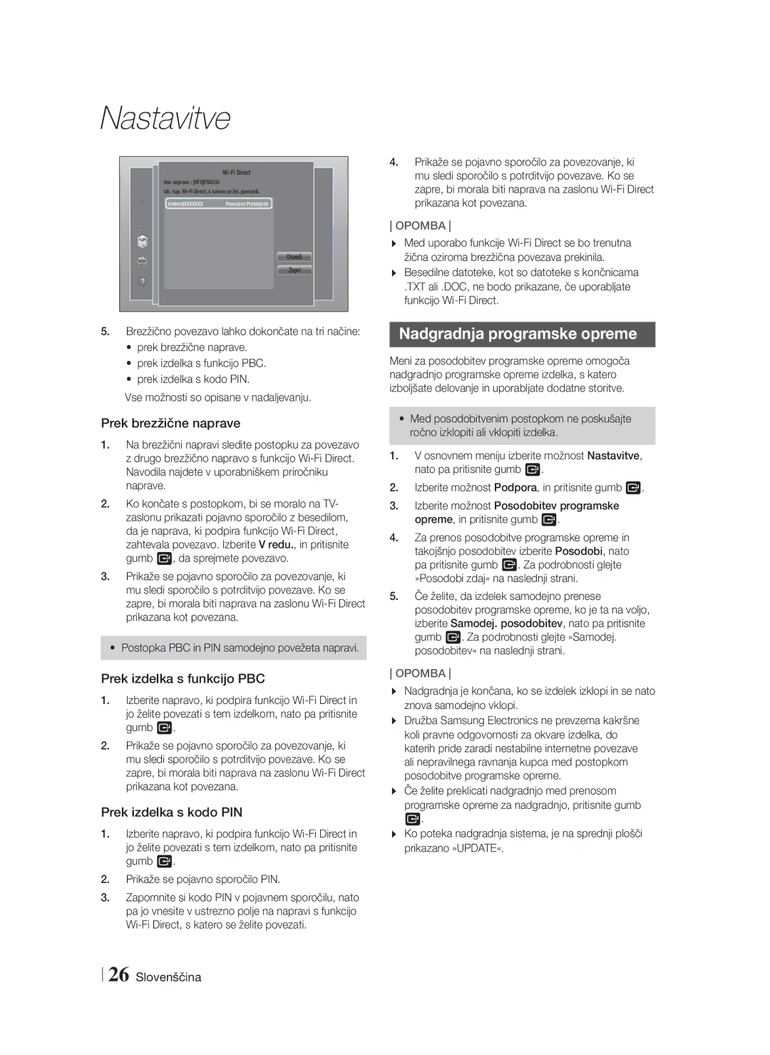 Samsung HT-FS6200/EN manual Nadgradnja programske opreme, Prek brezžične naprave, Prek izdelka s funkcijo PBC 