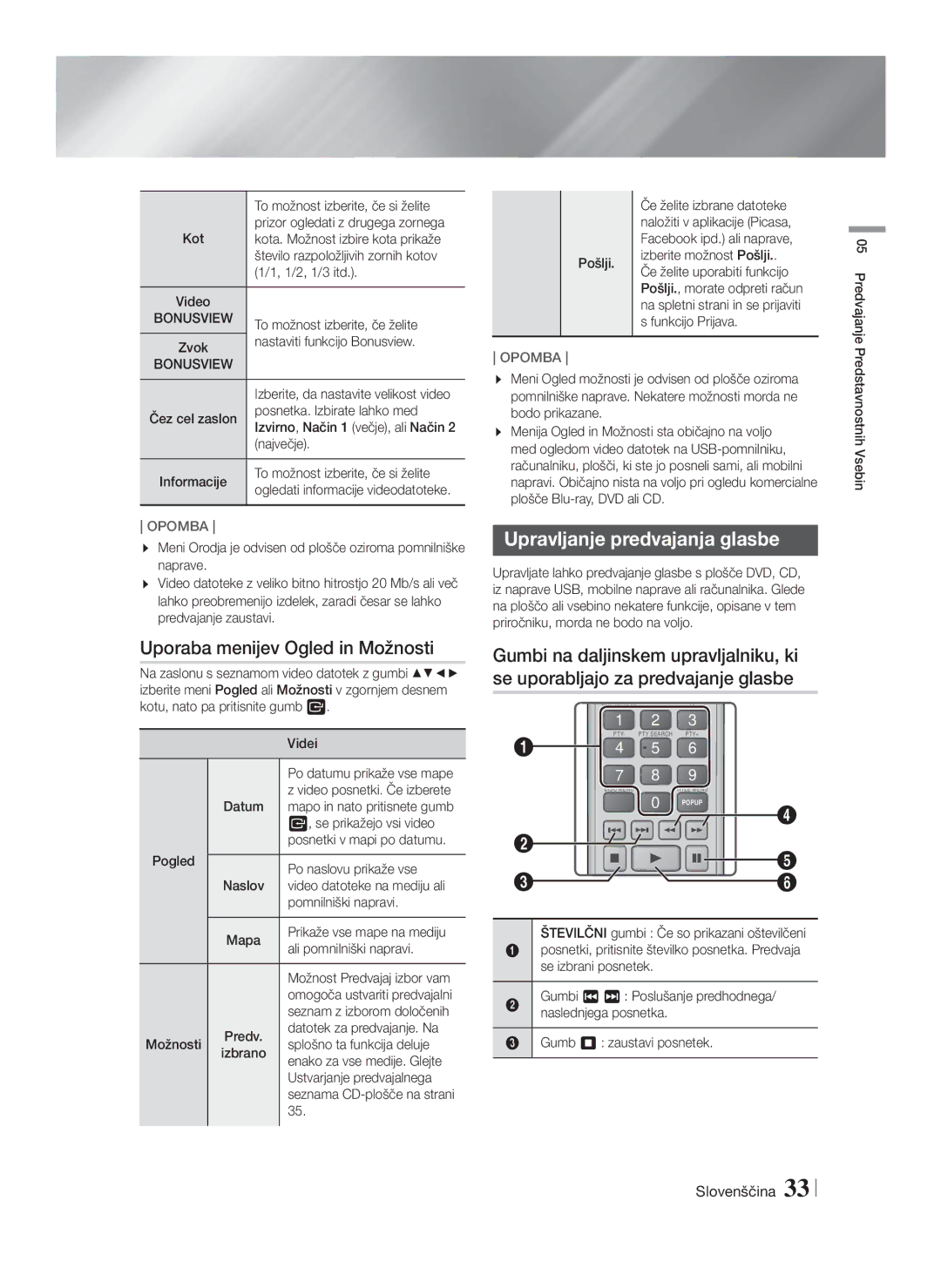 Samsung HT-FS6200/EN manual Uporaba menijev Ogled in Možnosti, Upravljanje predvajanja glasbe 