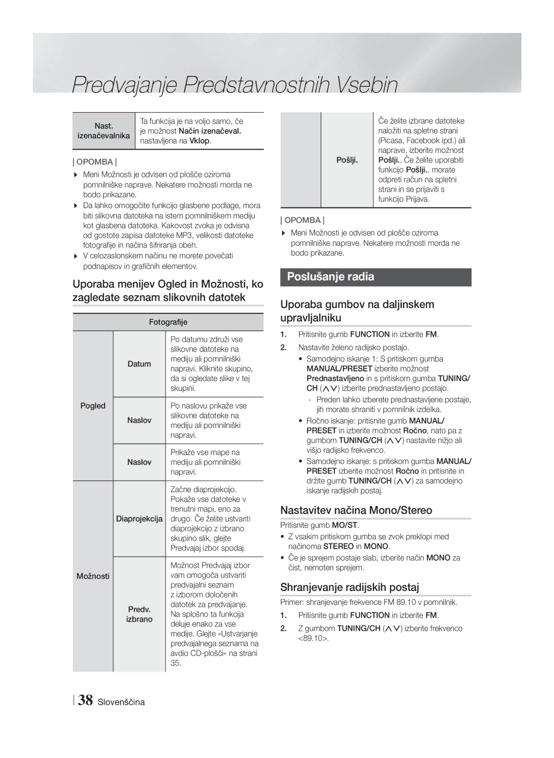 Samsung HT-FS6200/EN manual Poslušanje radia, Uporaba gumbov na daljinskem upravljalniku, Nastavitev načina Mono/Stereo 