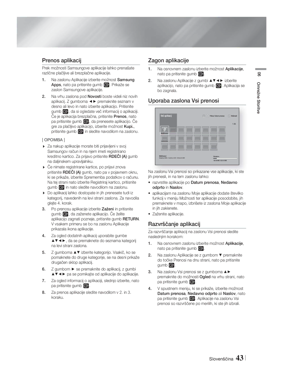 Samsung HT-FS6200/EN manual Prenos aplikacij, Zagon aplikacije, Uporaba zaslona Vsi prenosi, Razvrščanje aplikacij 