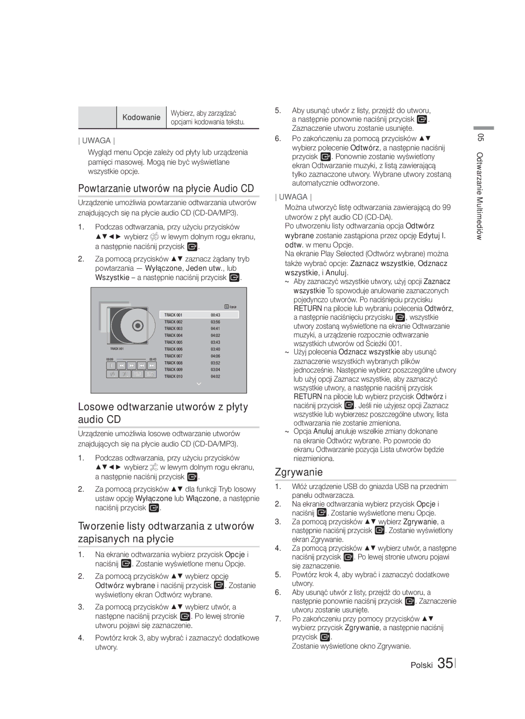 Samsung HT-FS6200/EN manual Powtarzanie utworów na płycie Audio CD, Losowe odtwarzanie utworów z płyty audio CD, Zgrywanie 