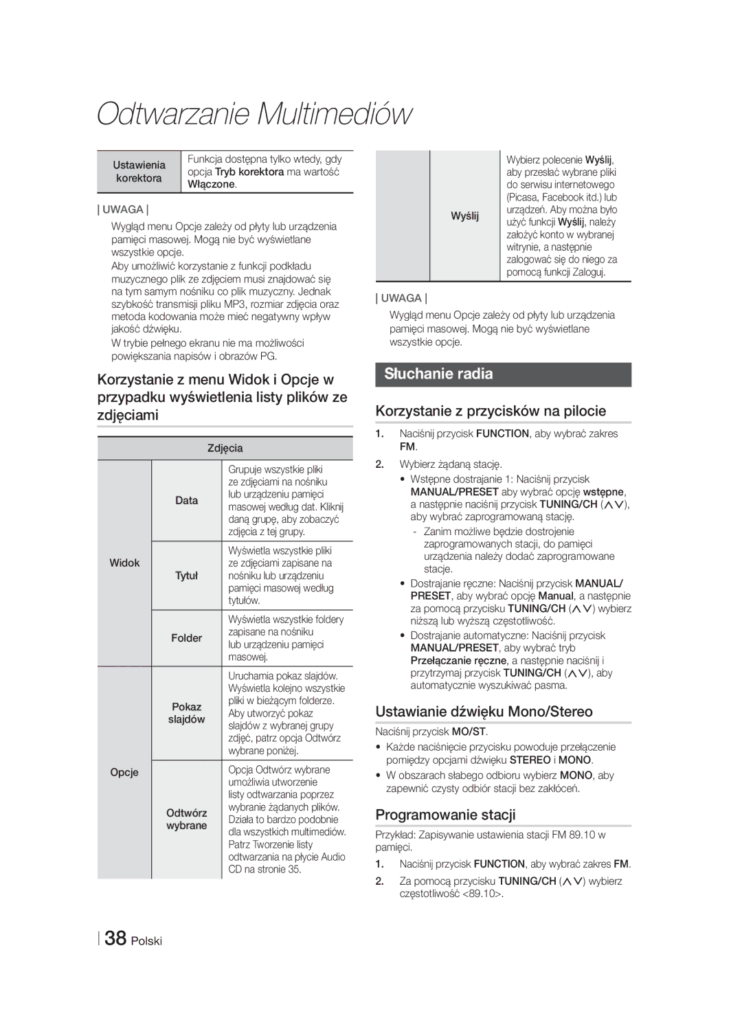 Samsung HT-FS6200/EN manual Słuchanie radia, Korzystanie z przycisków na pilocie, Ustawianie dźwięku Mono/Stereo 