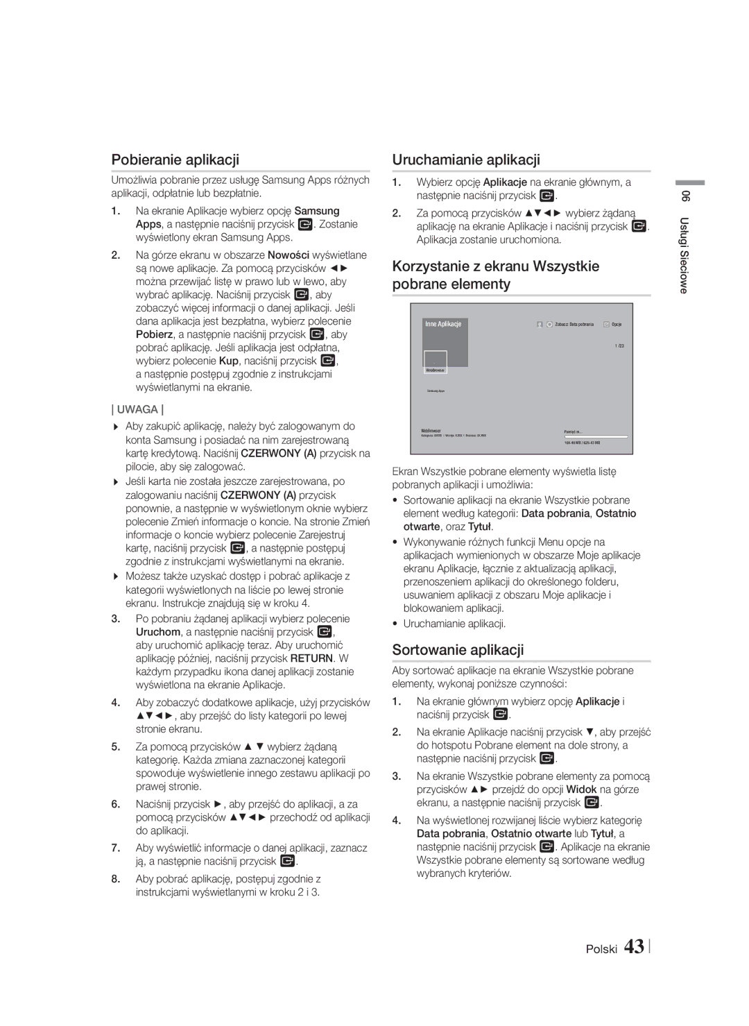 Samsung HT-FS6200/EN manual Pobieranie aplikacji, Uruchamianie aplikacji, Korzystanie z ekranu Wszystkie pobrane elementy 