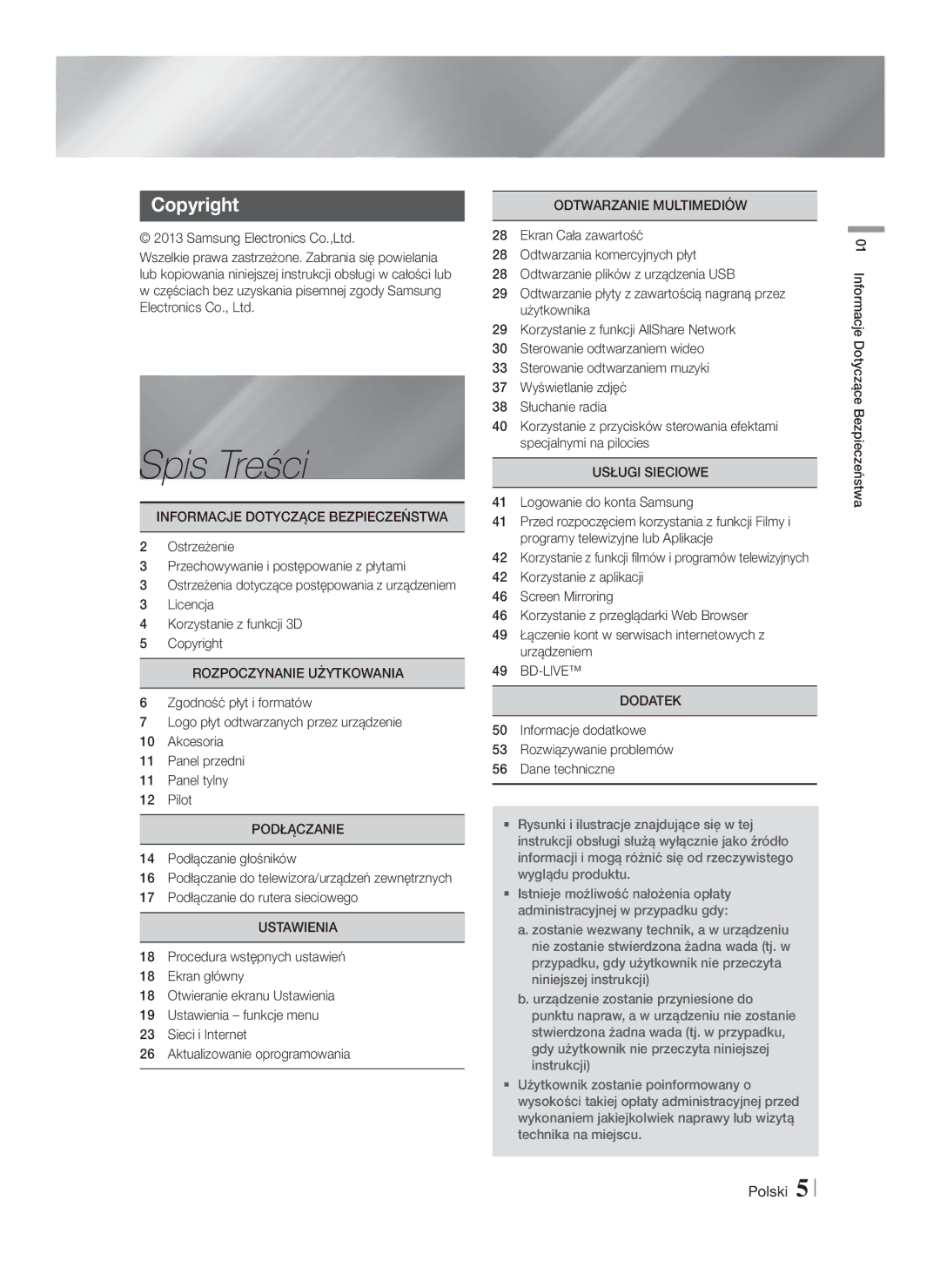 Samsung HT-FS6200/EN manual Spis Treści, Copyright 