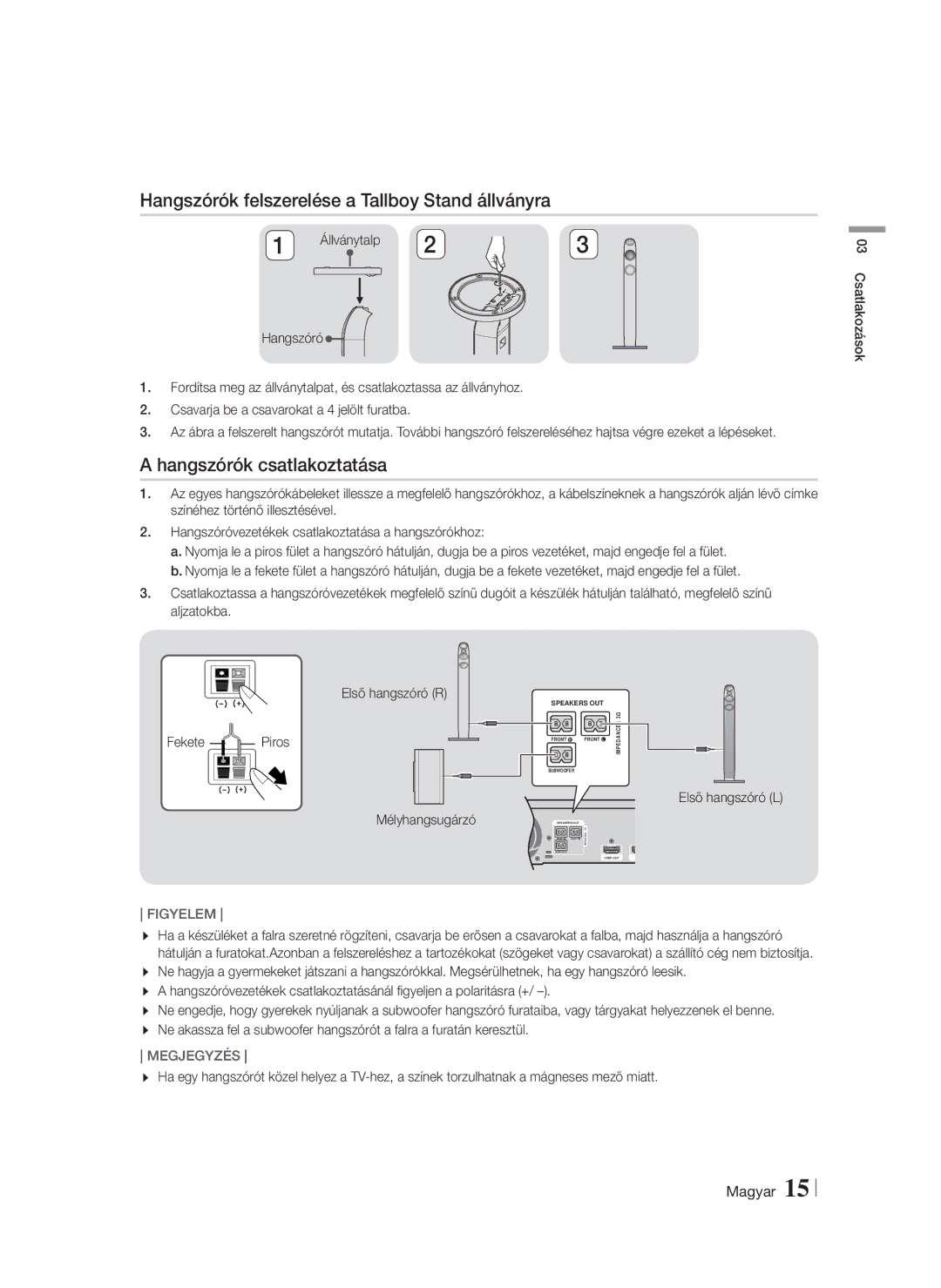 Samsung HT-FS6200/EN manual Hangszórók felszerelése a Tallboy Stand állványra, Hangszórók csatlakoztatása, Fekete Piros 