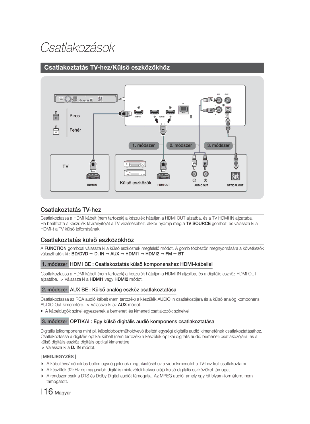 Samsung HT-FS6200/EN manual Csatlakoztatás TV-hez/Külső eszközökhöz, Csatlakoztatás külső eszközökhöz 