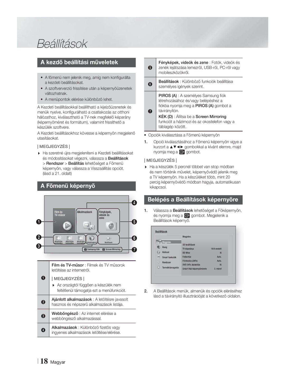 Samsung HT-FS6200/EN manual Kezdő beállítási műveletek, Főmenü képernyő, Belépés a Beállítások képernyőre 