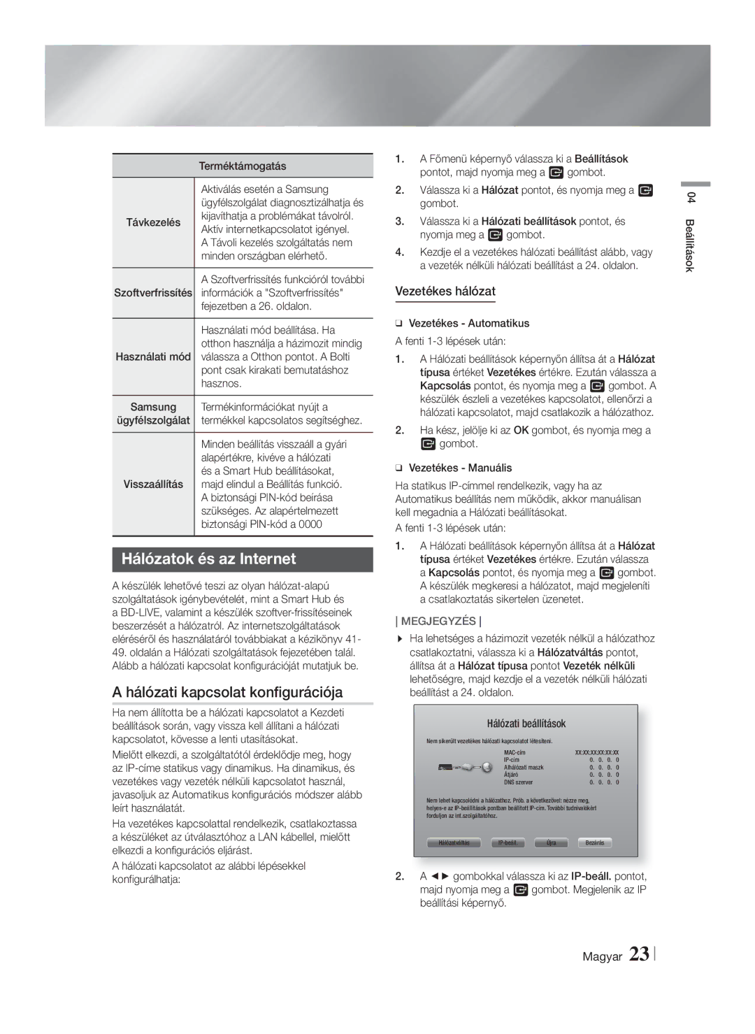 Samsung HT-FS6200/EN manual Hálózatok és az Internet, Hálózati kapcsolat konfigurációja, Vezetékes hálózat 