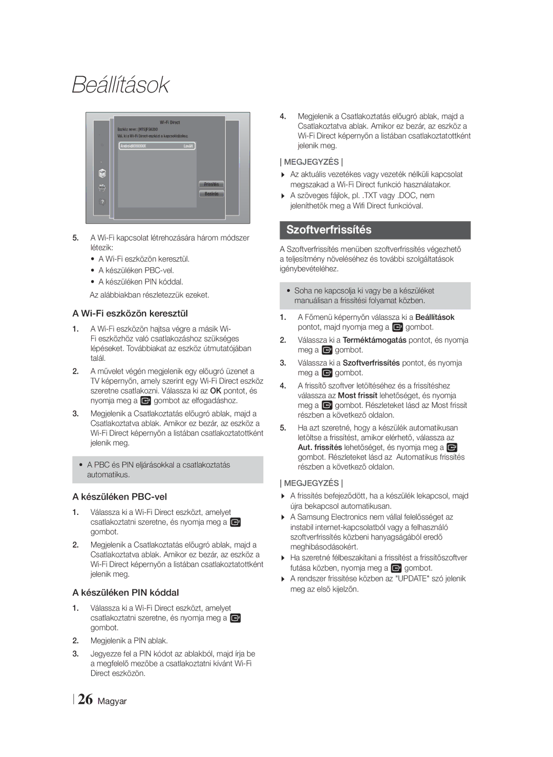 Samsung HT-FS6200/EN manual Szoftverfrissítés, Wi-Fi eszközön keresztül, Készüléken PBC-vel, Készüléken PIN kóddal 