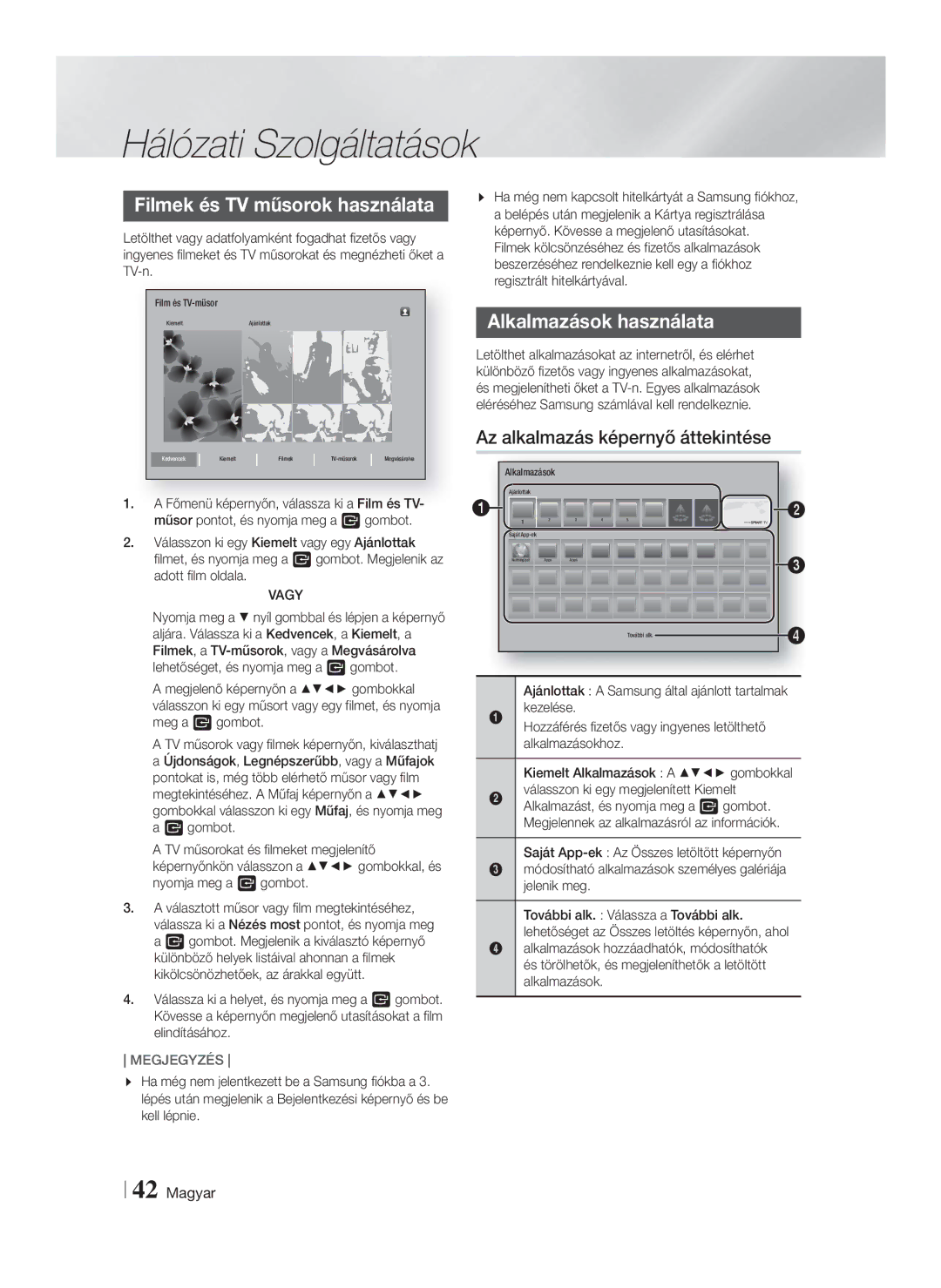 Samsung HT-FS6200/EN manual Filmek és TV műsorok használata, Az alkalmazás képernyő áttekintése, Vagy 