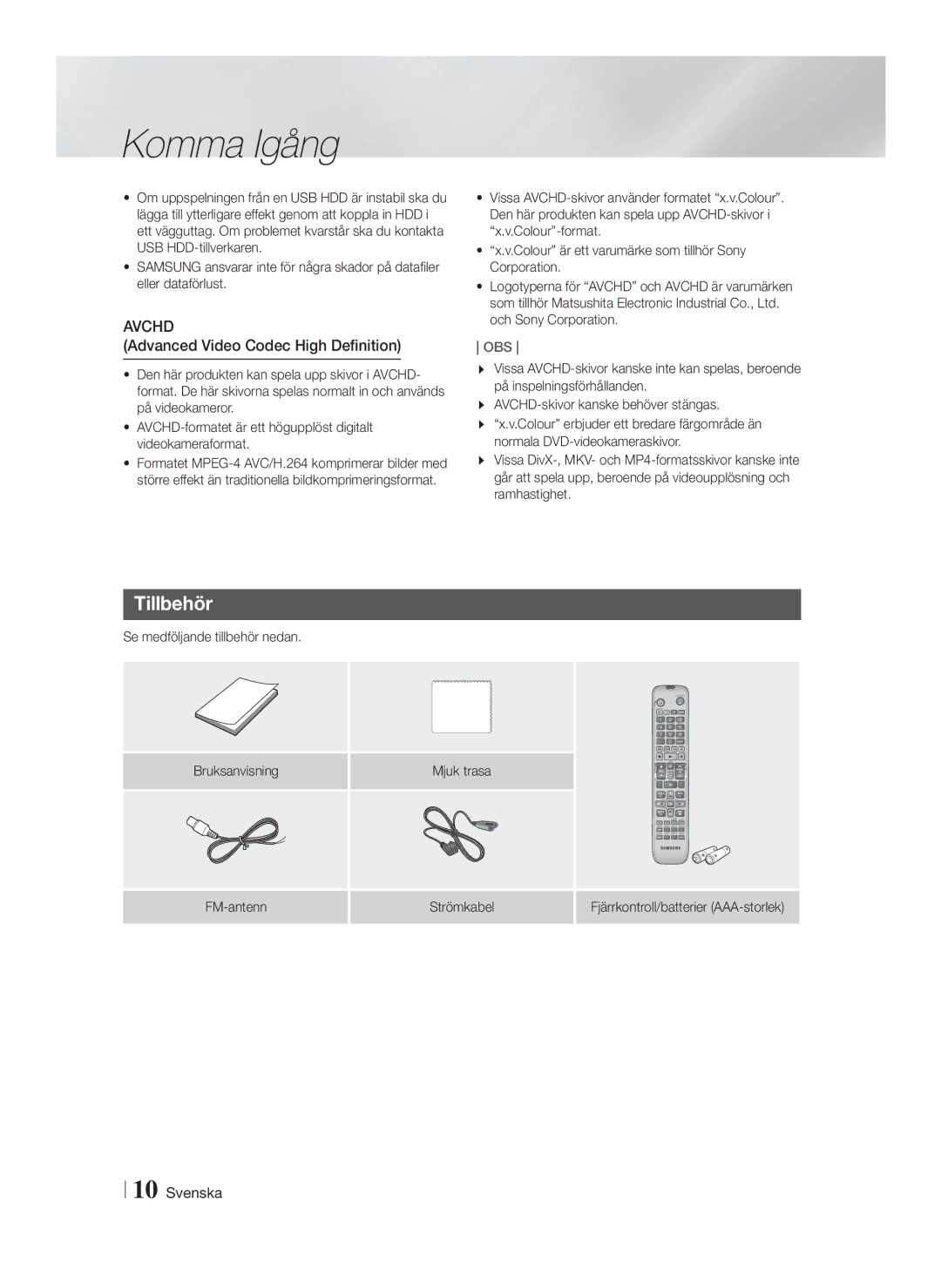 Samsung HT-FS6200/XE manual Tillbehör, Advanced Video Codec High Definition, Se medföljande tillbehör nedan 