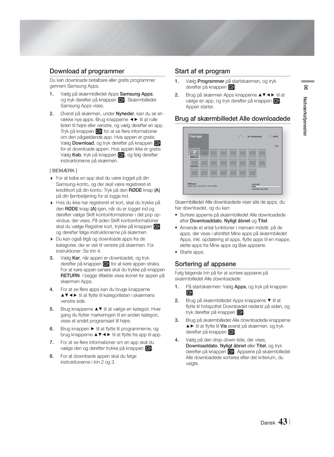 Samsung HT-FS6200/XE Download af programmer, Start af et program, Brug af skærmbilledet Alle downloadede, Starte apps 