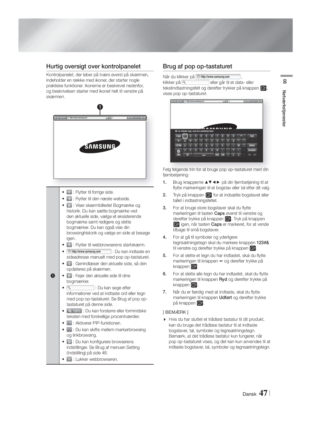 Samsung HT-FS6200/XE manual Hurtig oversigt over kontrolpanelet, Brug af pop op-tastaturet 