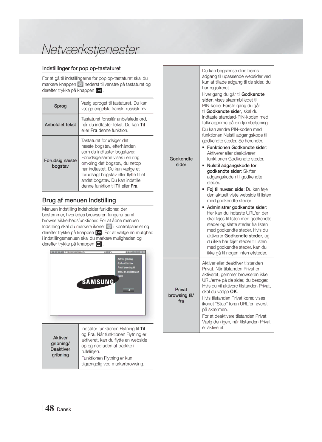 Samsung HT-FS6200/XE manual Brug af menuen Indstilling, Indstillinger for pop op-tastaturet 