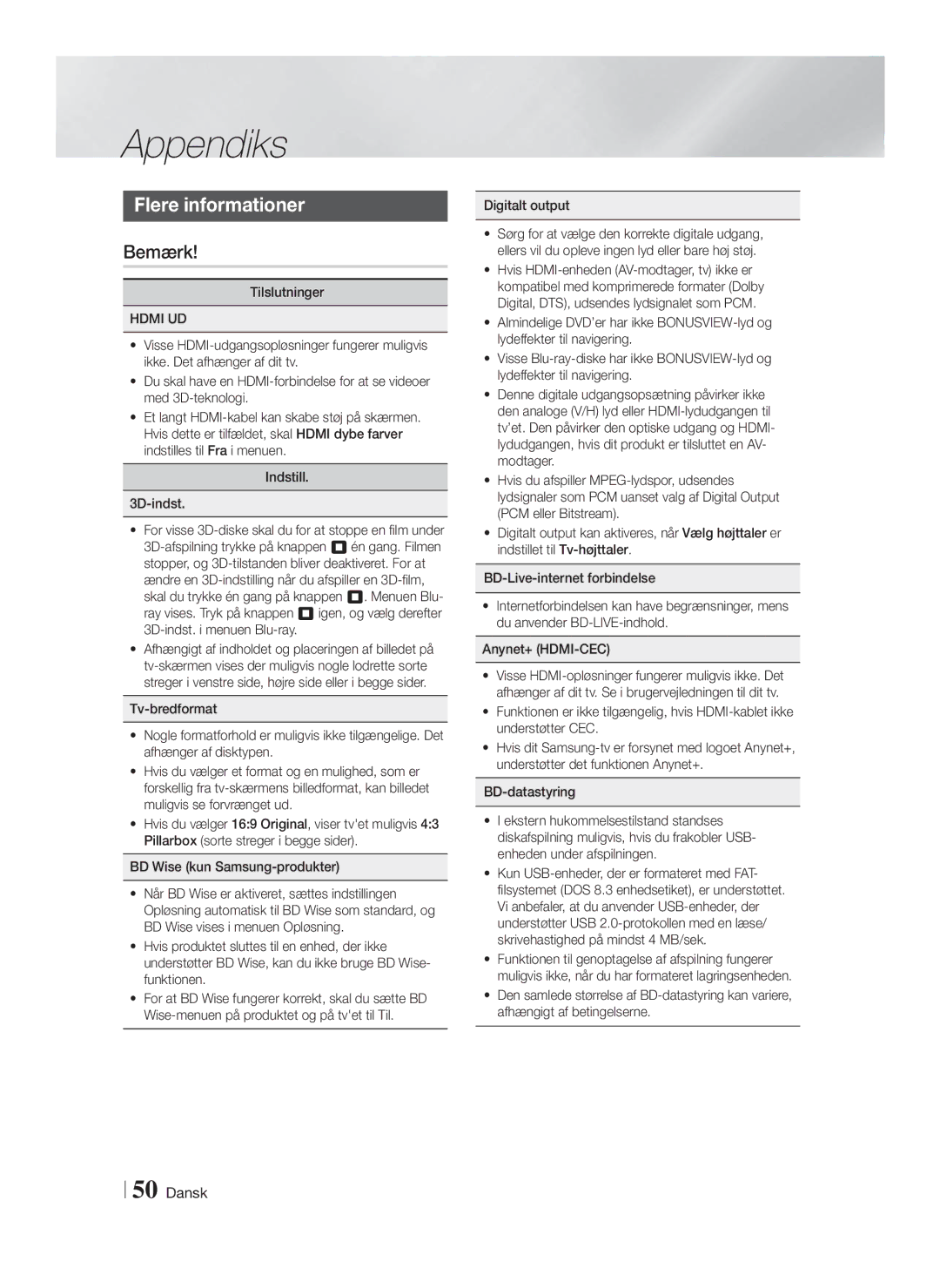 Samsung HT-FS6200/XE manual Appendiks, Flere informationer, Bemærk 