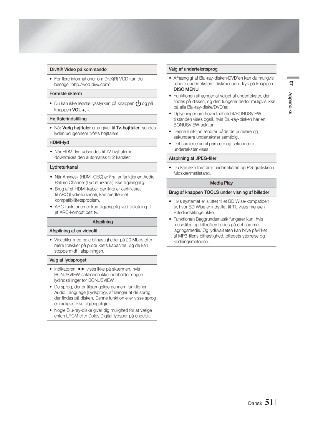 Samsung HT-FS6200/XE manual Lydreturkanal, Valg af undertekstsprog 