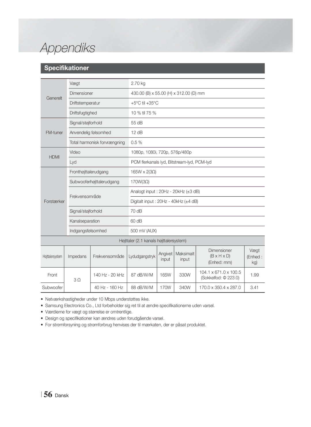 Samsung HT-FS6200/XE manual Vægt 70 kg, Dimensioner X 55.00 H x 312.00 D mm Driftstemperatur 