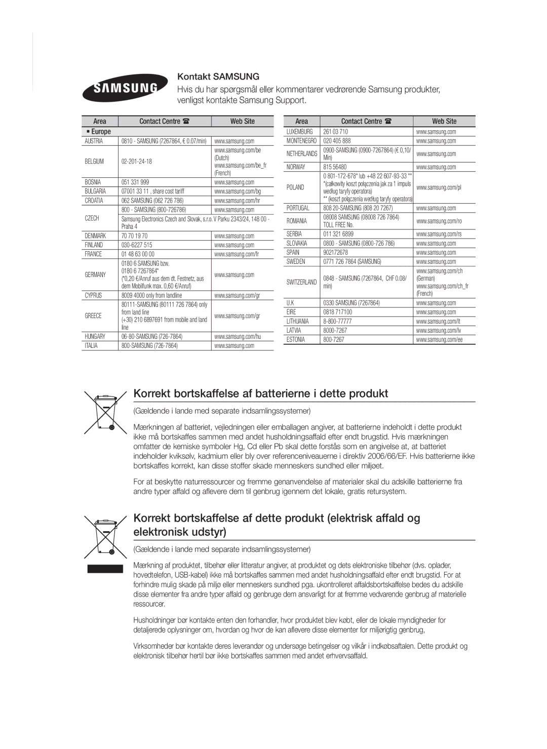 Samsung HT-FS6200/XE manual Korrekt bortskaffelse af batterierne i dette produkt 