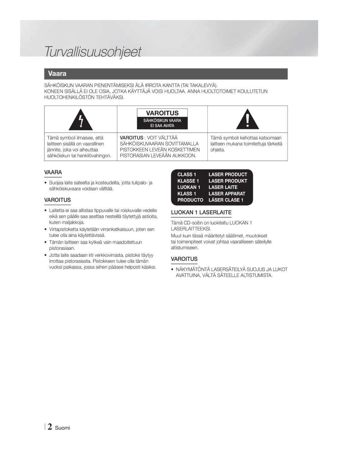 Samsung HT-FS6200/XE manual Turvallisuusohjeet, Vaara 