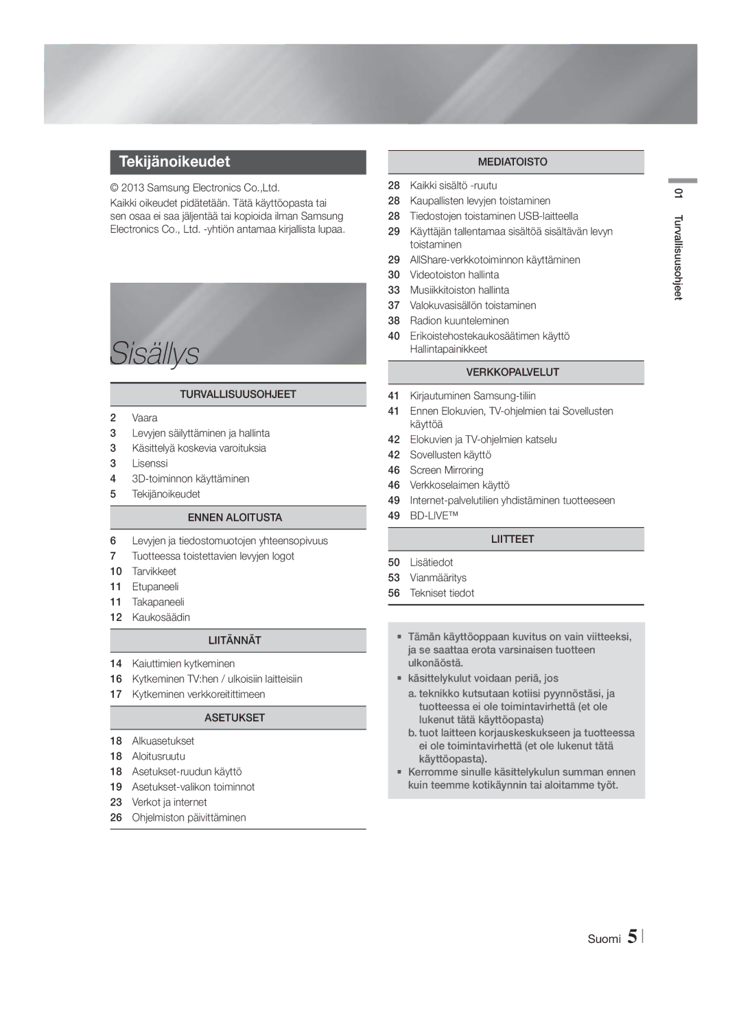 Samsung HT-FS6200/XE manual Sisällys, Tekijänoikeudet 