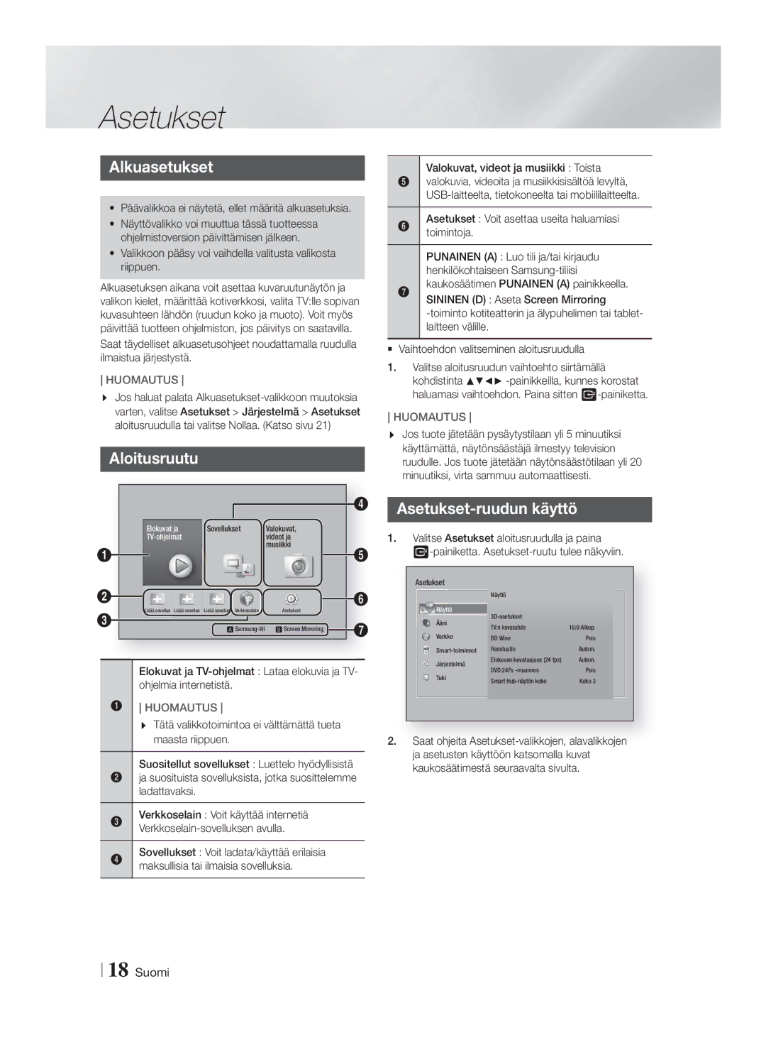 Samsung HT-FS6200/XE manual Alkuasetukset, Aloitusruutu, Asetukset-ruudun käyttö 