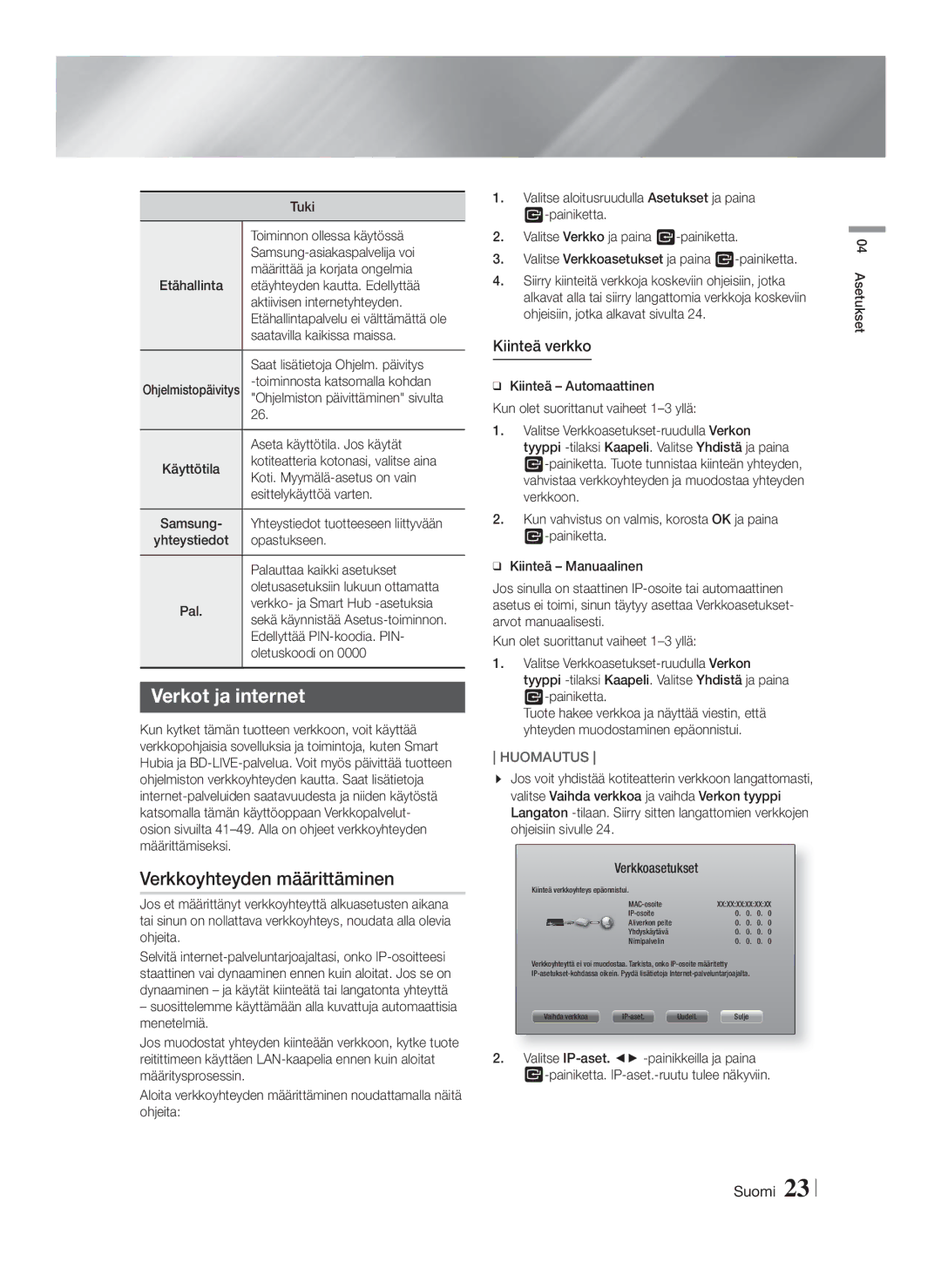 Samsung HT-FS6200/XE manual Verkot ja internet, Verkkoyhteyden määrittäminen, Kiinteä verkko 